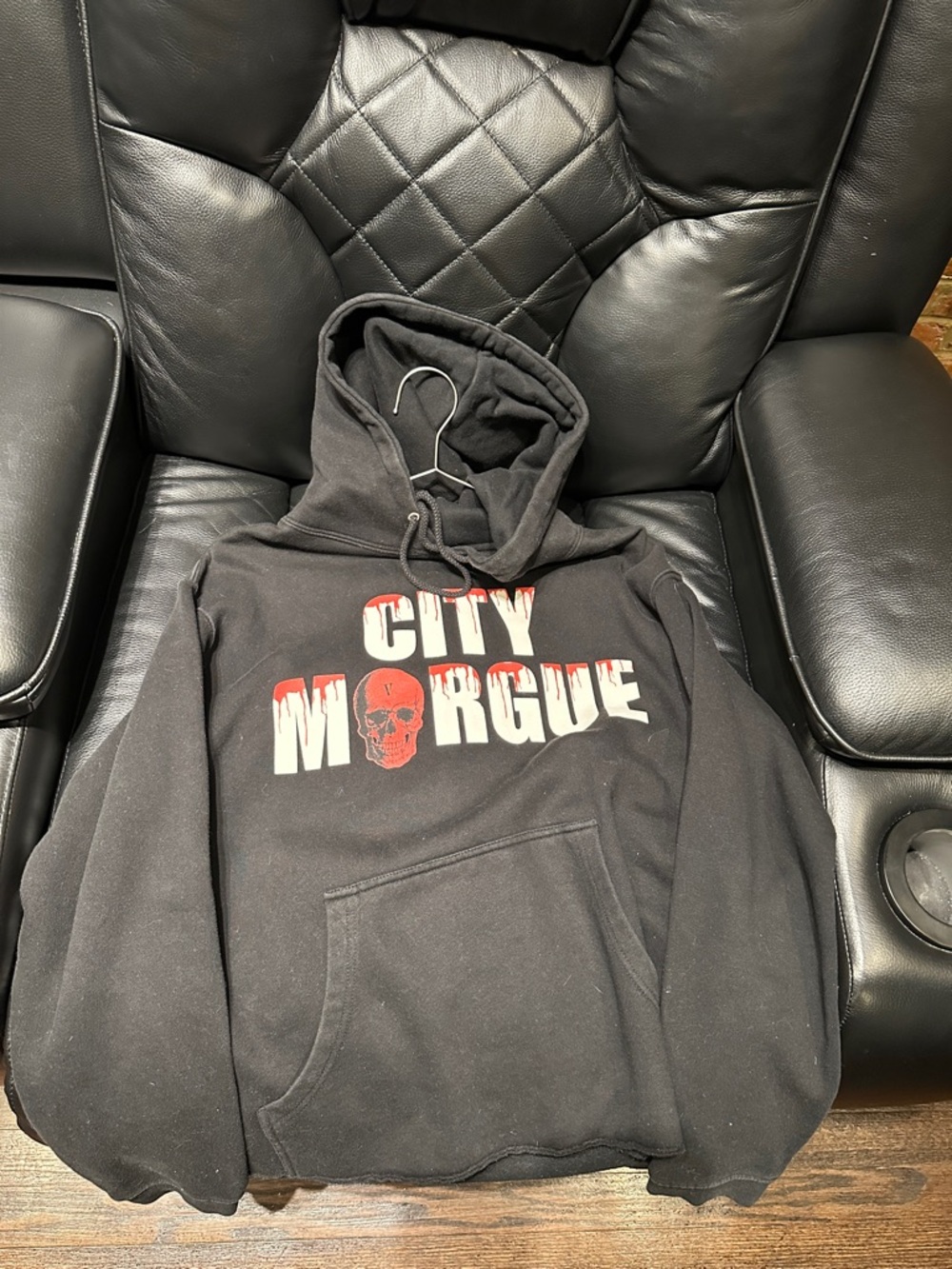 VLONE Black Hoodie with White and Red "CITY MORGUE" Print